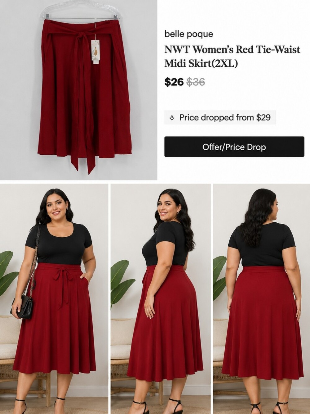 NWT Women’s Red Tie-Waist Midi Skirt(2XL) - Picture 6 of 6